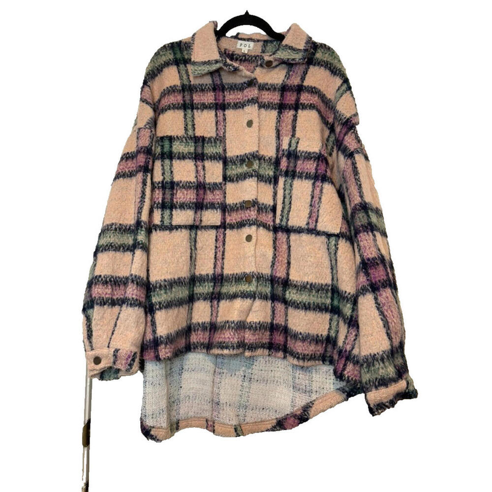 POL sz L all cotton button down fuzzy plaid jacket peach/pink collar #3092